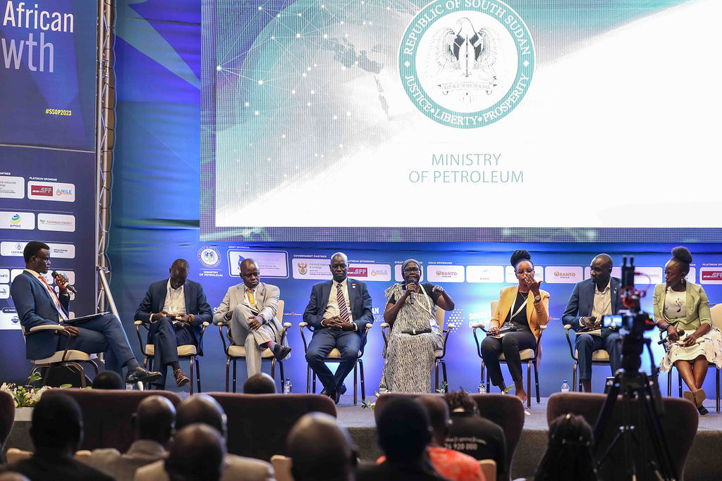 Energy-sector speakers participating in a Youth in Energy conference panel in South Sudan